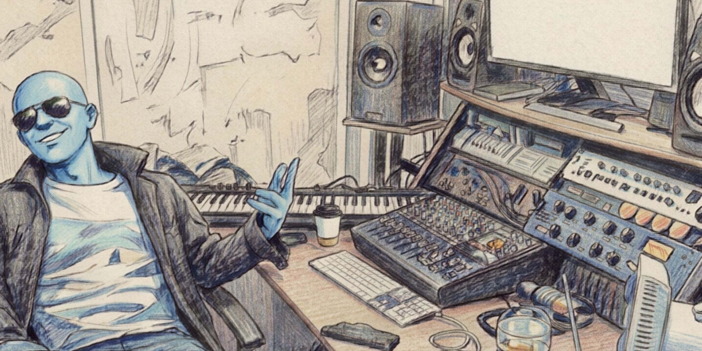 A coloured-pencil illustration of Max as a blue genie in sunglasses, leaning back in his studio chair and waving, beside a desk of synths, a mixer, outboard gear and studio monitors.