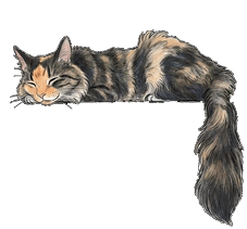 An illustration of Mitzy the studio cat, dozing on the line with her tail hanging over the edge.